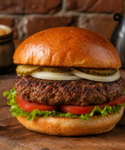 Hamburger ohne Käse mit Rindfleisch, Salat, Tomaten, Gewürzgurken und Zwiebeln